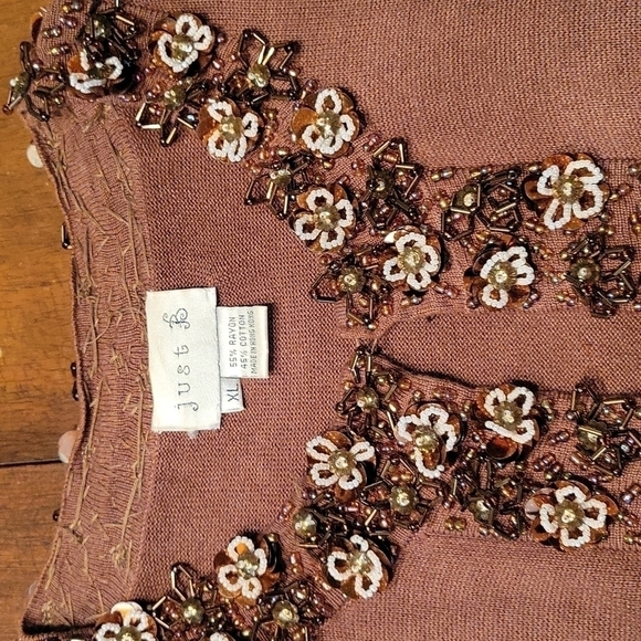 VTG JUST B Brown Floral Glass Beaded Coquette Cardigan Sweater XL - Picture 2 of 13